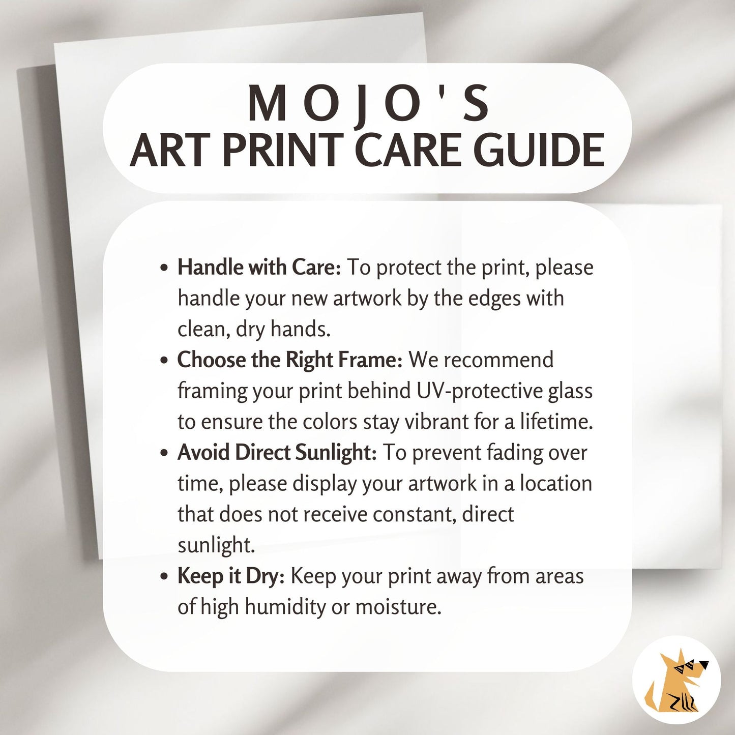 Care guide for art prints with text on a white background