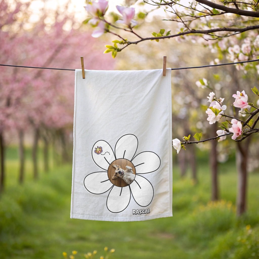 Daisy Dog: Personalized Cotton Tea Towel with Your Dog's Photo & Name_Doggo Mojo_Kitchen Towels_1
