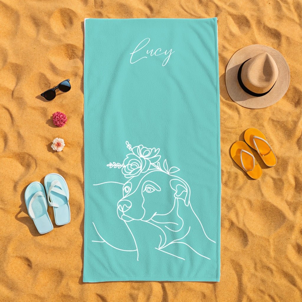 Personalized Beach Towel: Minimal Line Art with Your Dog's Photo & Name_Doggo Mojo_Beach Towel_1