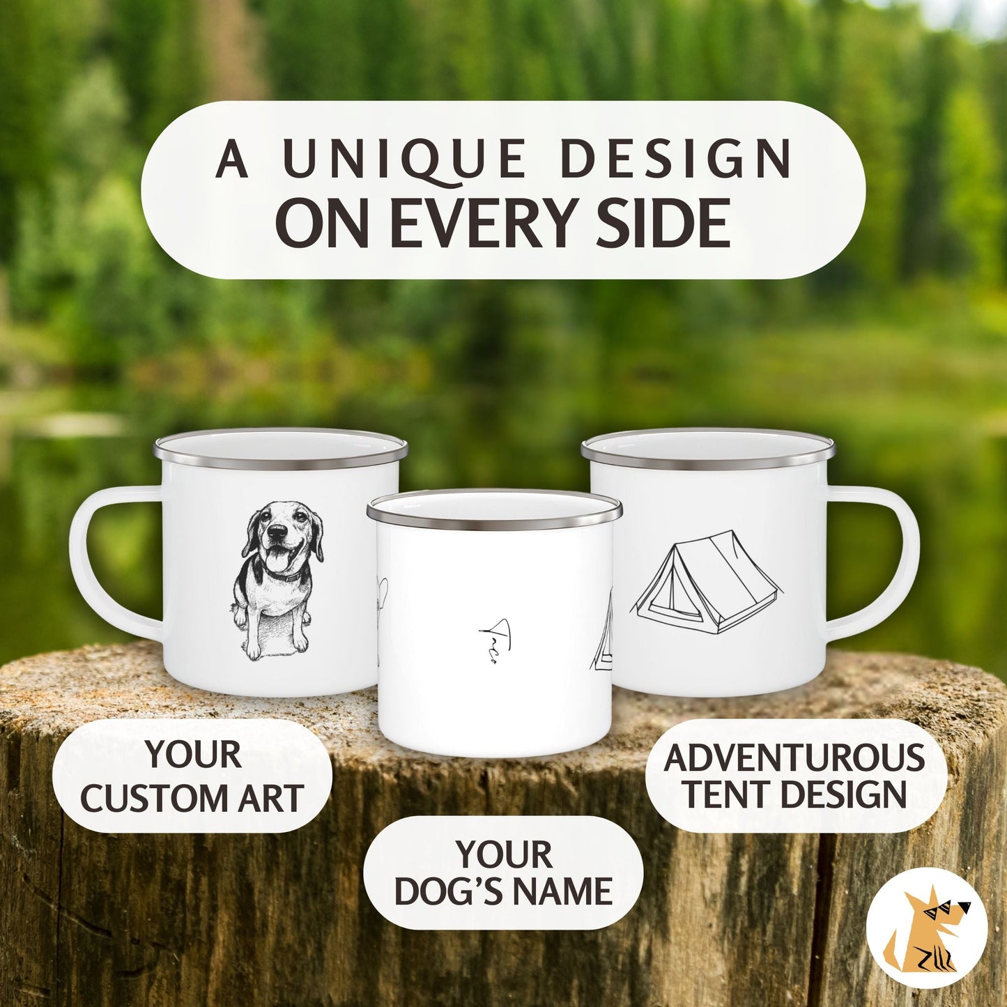 Personalized Camp Mug: Custom Dog Sketch & Tent with Your Dog's Name_Doggo Mojo_Enamel Camping Mug_4