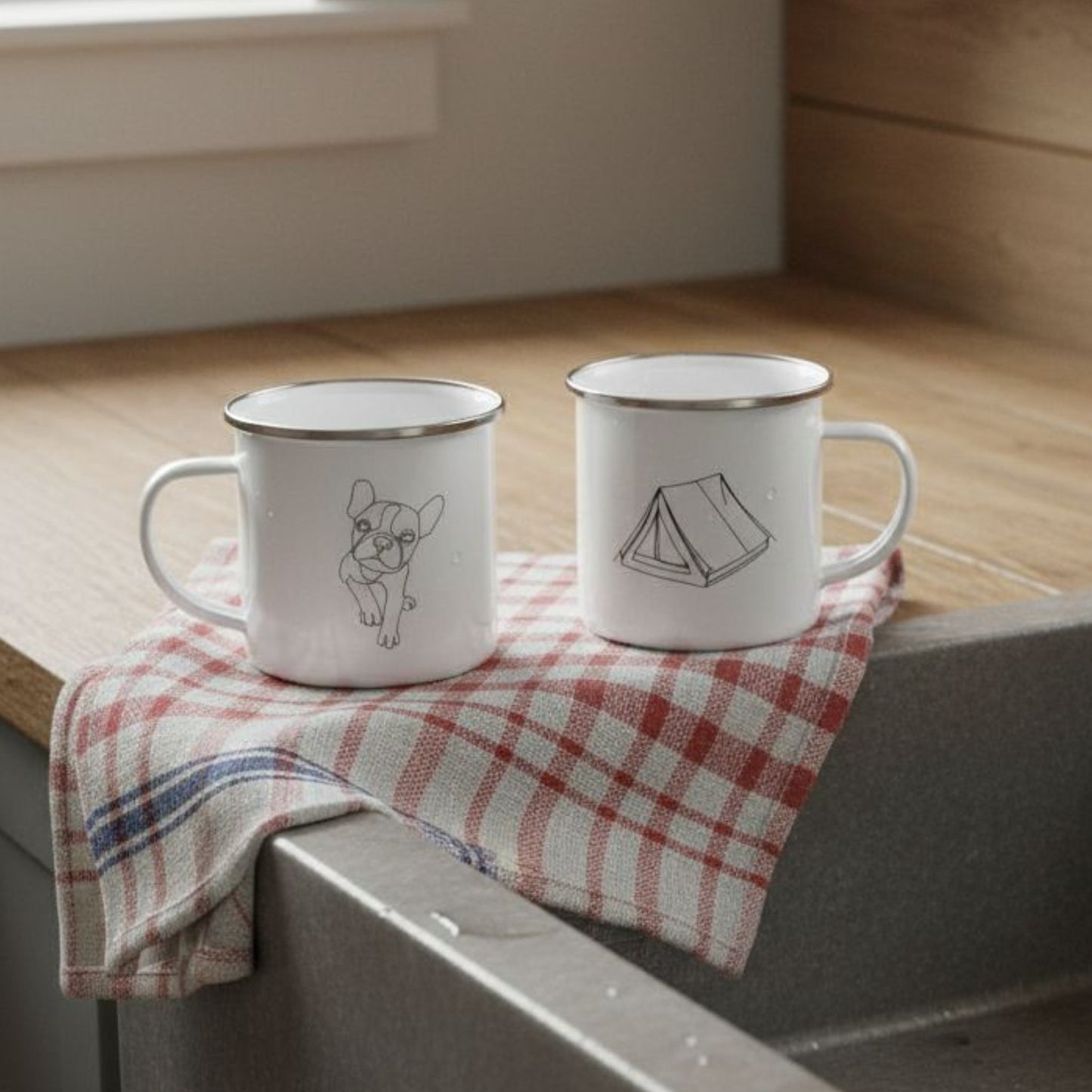 Personalized Camp Mug: Minimal Line Art & Tent with Your Dog's Photo & Name_Doggo Mojo_Enamel Camping Mug_2