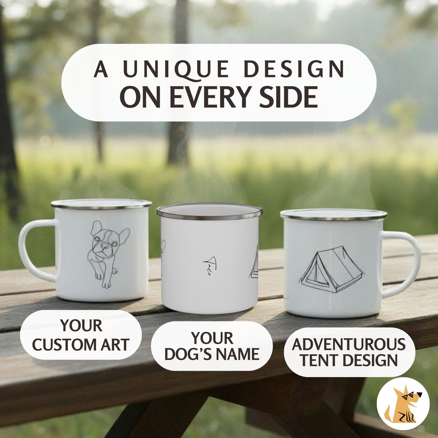 Personalized Camp Mug: Minimal Line Art & Tent with Your Dog's Photo & Name_Doggo Mojo_Enamel Camping Mug_4