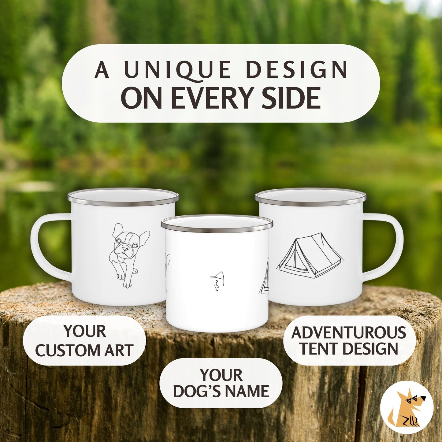 Personalized Camp Mug: Minimal Line Art & Tent with Your Dog's Photo & Name_Doggo Mojo_Enamel Camping Mug_4