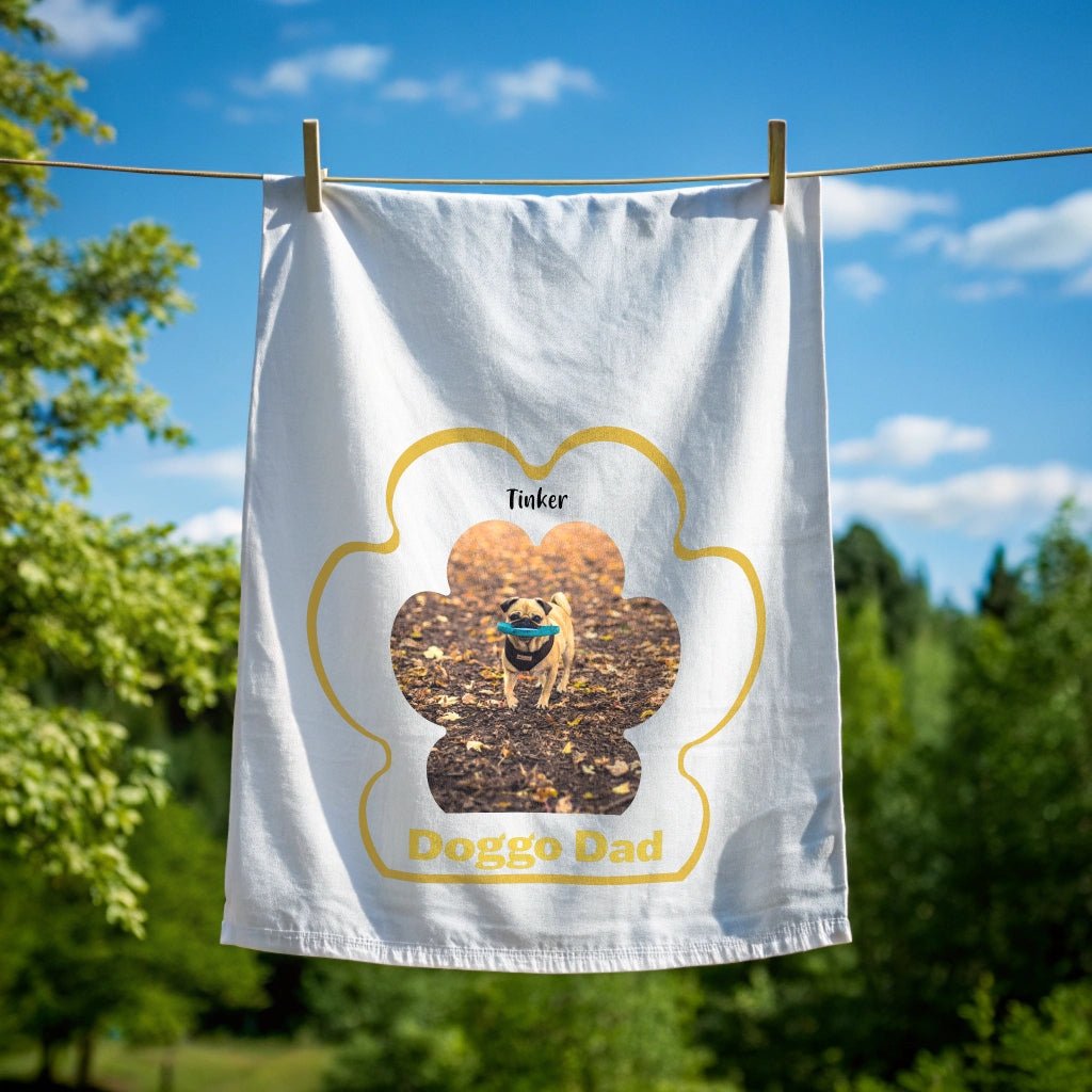 Personalized Cotton Tea Towel: Dog Dad Paw Print with Your Dog's Photo & Name_Doggo Mojo_Kitchen Towels_1