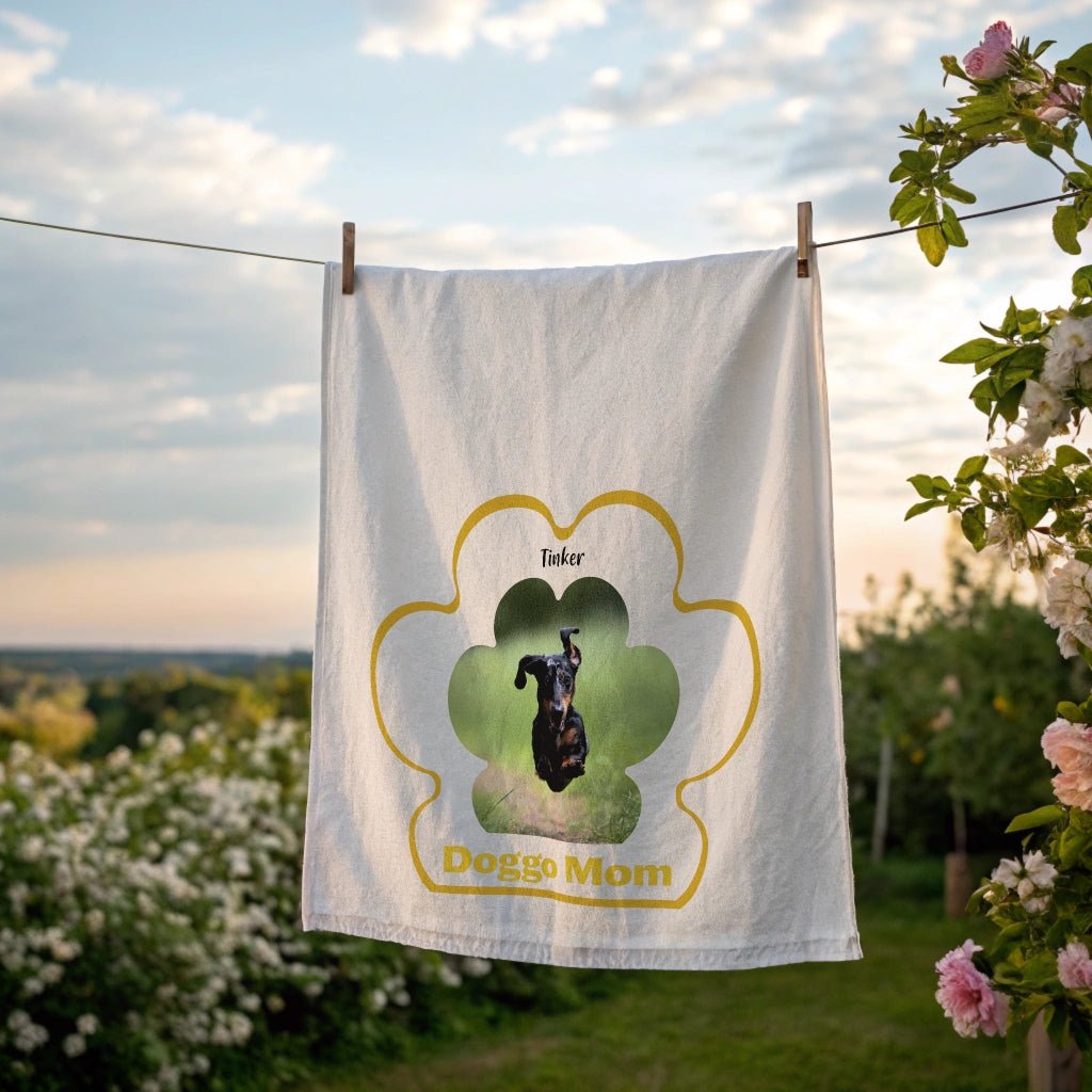 Personalized Cotton Tea Towel: Dog Mom Paw Print with Your Dog's Photo & Name_Doggo Mojo_Kitchen Towels_1
