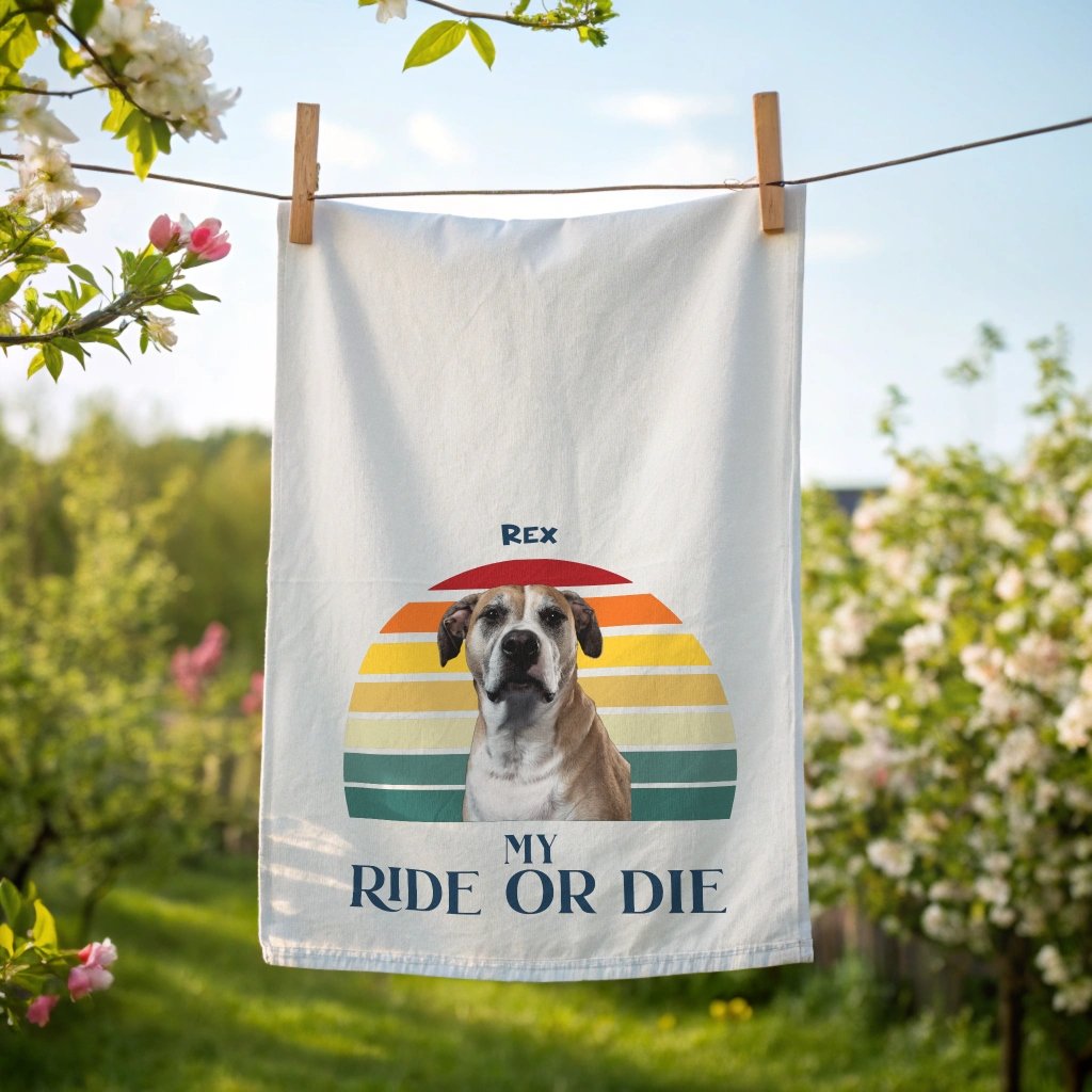 Personalized Cotton Tea Towel: My Ride or Die with Your Dog's Photo & Name_Doggo Mojo_Kitchen Towels_1