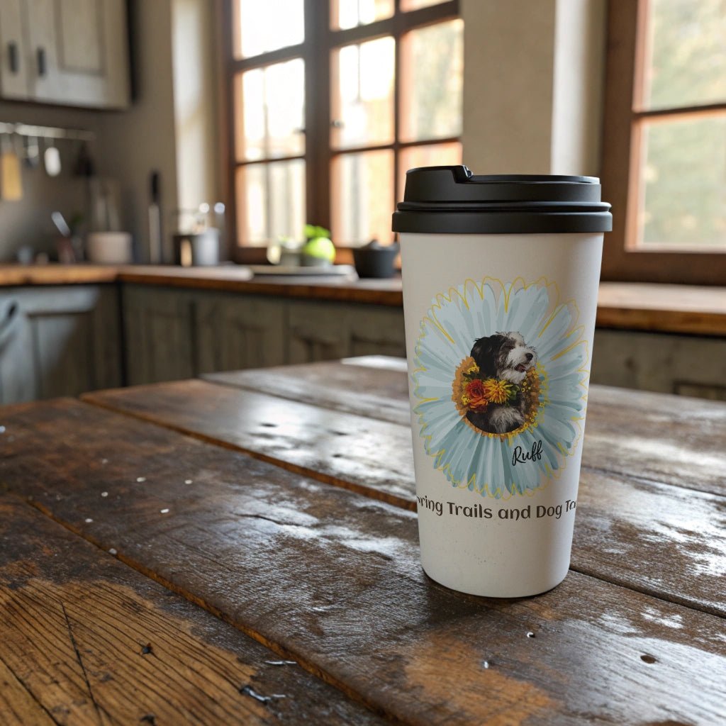 Personalized Stainless Steel Travel Mug: Spring Trails and Dog Tails with Your Dog's Photo & Name_Doggo Mojo_Travel Mugs_1