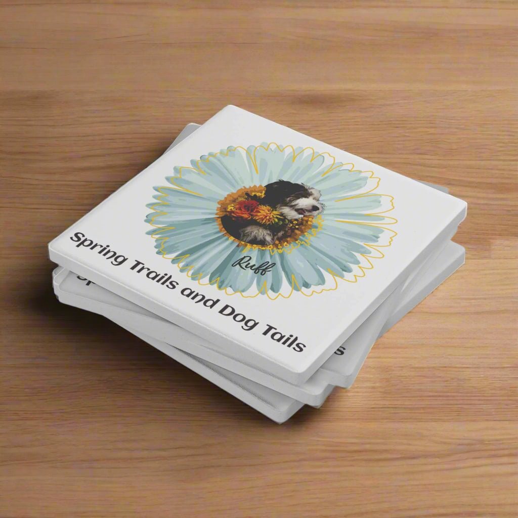 Spring Trails and Dog Tails: Personalized Square Stone Coasters (Set of 4) with Your Dog's Photo & Name_Doggo Mojo_Coasters_1