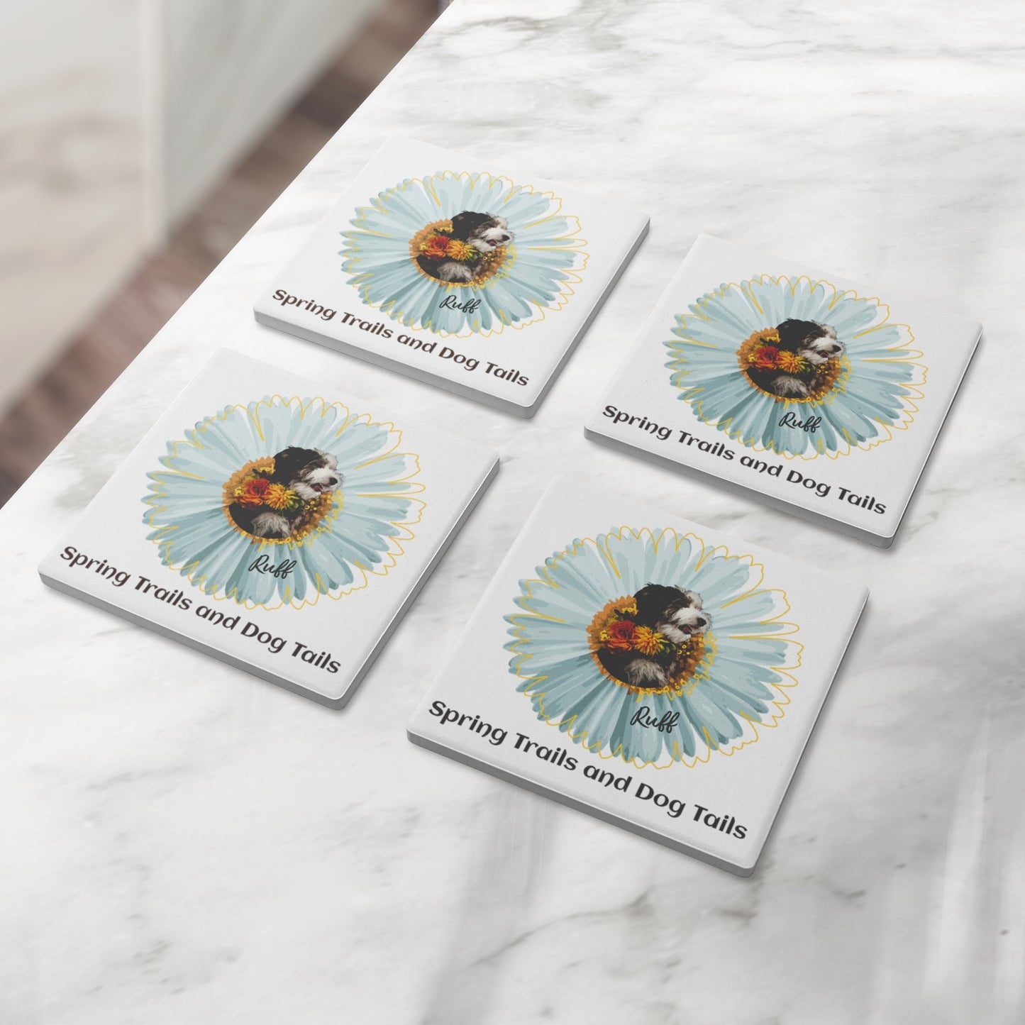 Spring Trails and Dog Tails: Personalized Square Stone Coasters (Set of 4) with Your Dog's Photo & Name_Doggo Mojo_Coasters_3