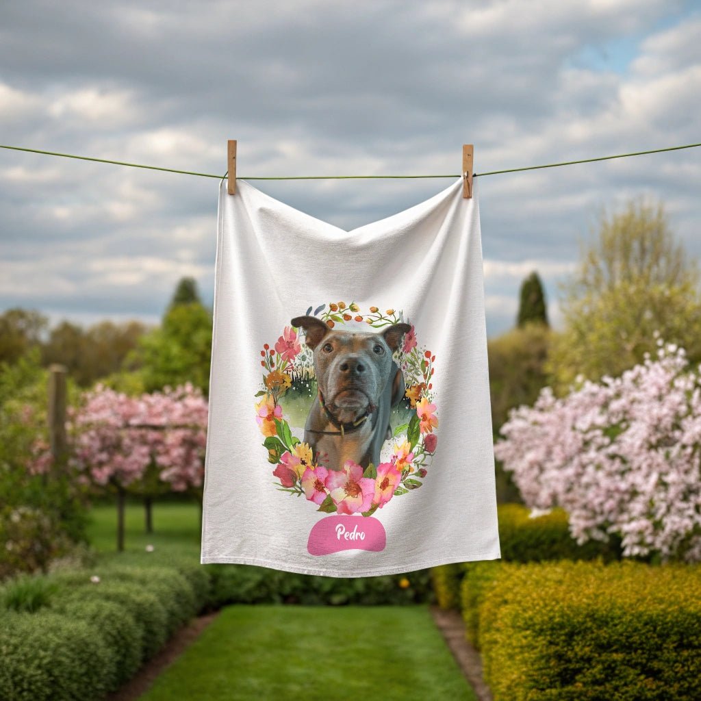 Wildflower Wonders: Personalized Cotton Tea Towel with Your Dog's Photo & Name_Doggo Mojo_Kitchen Towels_1