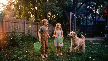 Two barefoot children and a playful doodle dog chasing glowing fireflies in a nostalgic, twilight backyard summer scene.