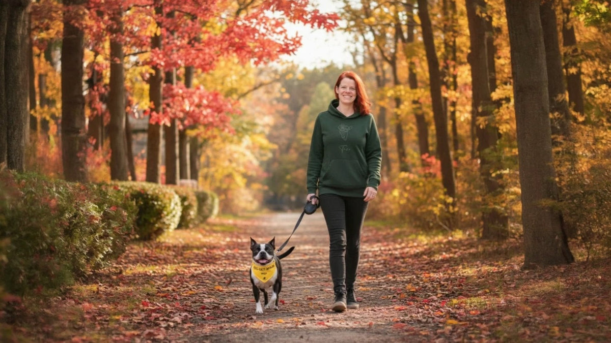 A woman wearing a green Doggo Mojo hoodie and her Boston Terrier dog wearing a yellow Visible ID Bandana Collar, hiking together on a sun-dappled forest trail during the autumn season.
