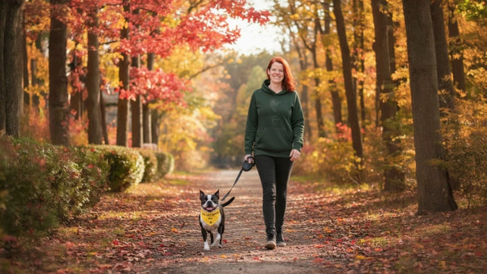 A woman wearing a green Doggo Mojo hoodie and her Boston Terrier dog wearing a yellow Visible ID Bandana Collar, hiking together on a sun-dappled forest trail during the autumn season.