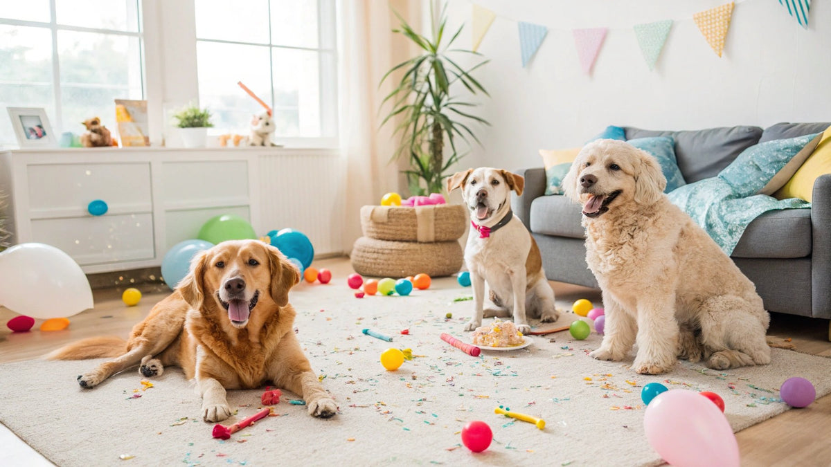 A golden retriever, poodle, and mutt surrounded by party mess, clearly having a great time.
