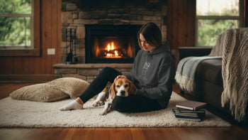 A person wearing a gray hoodie with a custom dog sketch design, sitting on a rug by a glowing fireplace while a Beagle dog rests peacefully in their lap.