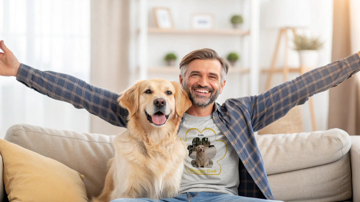 Smiling man on couch with golden retriever wearing Dog Dad paw shirt