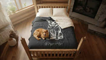 A golden mixed-breed dog curled up on a boutique Mojo Originals Sherpa blanket with a minimalist 