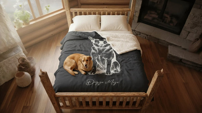 A golden mixed-breed dog curled up on a boutique Mojo Originals Sherpa blanket with a minimalist 