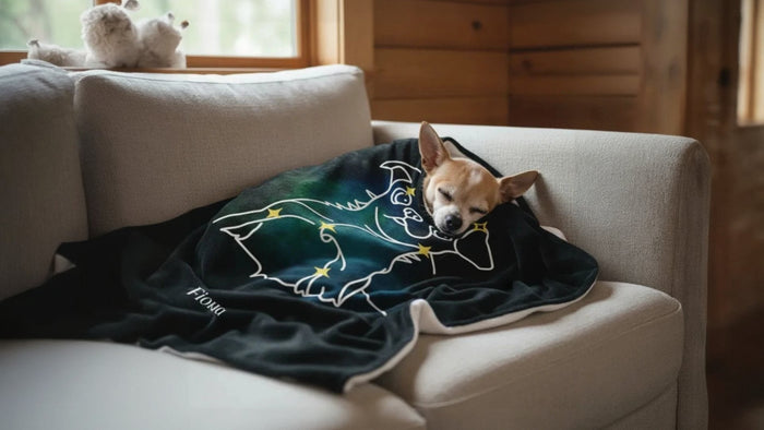 Cozy Chihuahua sleeping on a couch under a Personalized Mystic Dog Blanket with celestial art design.