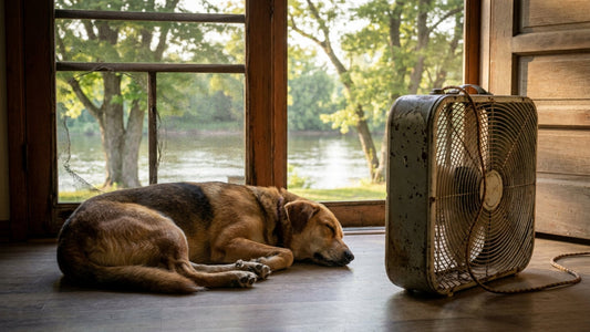A dog lounges in front of a vintage floor fan by an open screen door, looking out at a large shade tree with a scenic river flowing in the background.