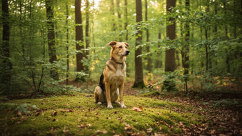 A mixed breed medium size dog sitting peacefully on a mossy forest floor, looking thoughtfully into the distance as dappled sunlight filters through the trees.