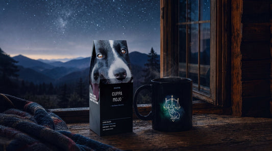 View through an open cabin window overlooking a starry night sky above the Blue Ridge Mountains, featuring a Doggo Mojo Libra zodiac mug and Canis Major specialty coffee blend on the wooden sill.