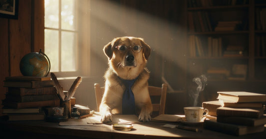 The Doggo Mojo mascot hard at work, dressed as a business executive with glasses and a tie, reviewing papers at a desk during golden hour.