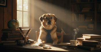 The Doggo Mojo mascot hard at work, dressed as a business executive with glasses and a tie, reviewing papers at a desk during golden hour.