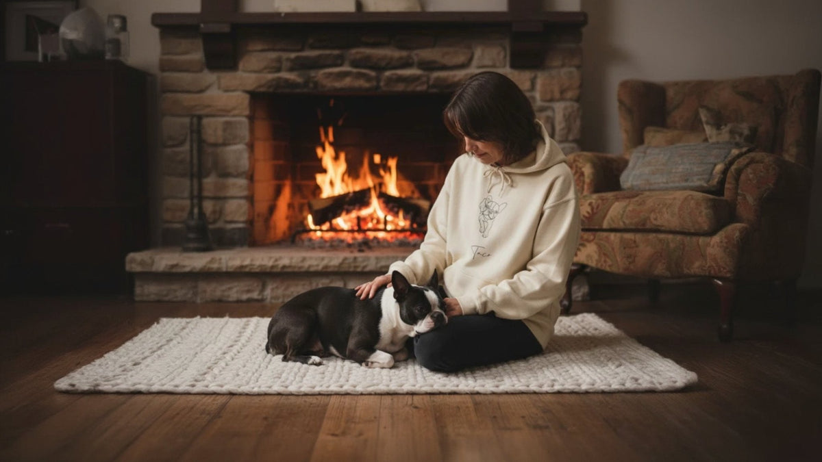 Person wearing Doggo Mojo hoodie with custom minimal line art snuggles Boston Terrier by cozy rustic stone fireplace.