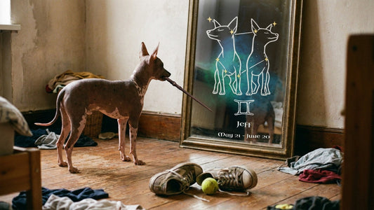 A view of Jeff, a hairless Chihuahua, holding a magical stick and peering into a vintage mirror. The mirror's reflection reveals the detailed, contemporary Gemini dog portrait illustration.