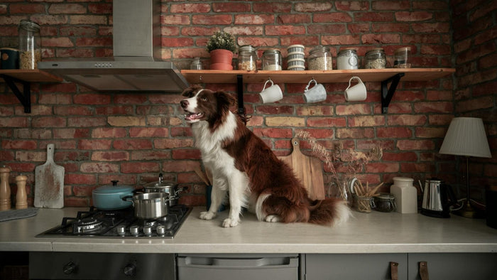 Happy border collie sitting on a kitchen counter next to a stove, eagerly watching for food.