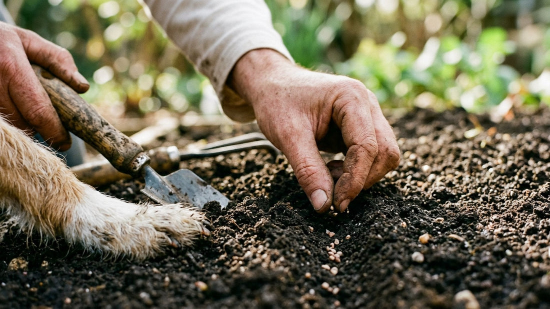 Extreme close-up of human hands and a dirty dog paw together in fresh garden soil, planting vegetable seeds for a 2026 Victory Garden.