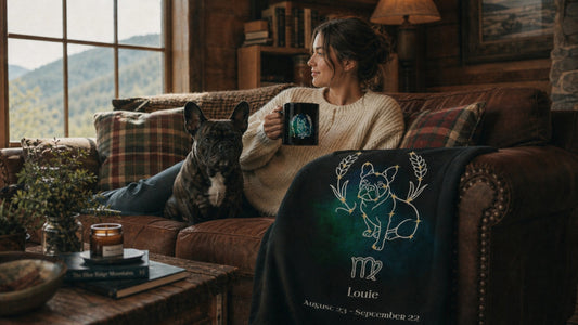A cozy living room scene with a woman sitting on a brown leather couch next to a French bulldog, holding a mug. A dark navy blue blanket with a white constellation dog design and the name 'Louie' is draped over the front of the couch.