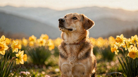 A golden-mix dog sitting in a field of yellow daffodils, representing Mojo's 'Yellow Anchors' philosophy.