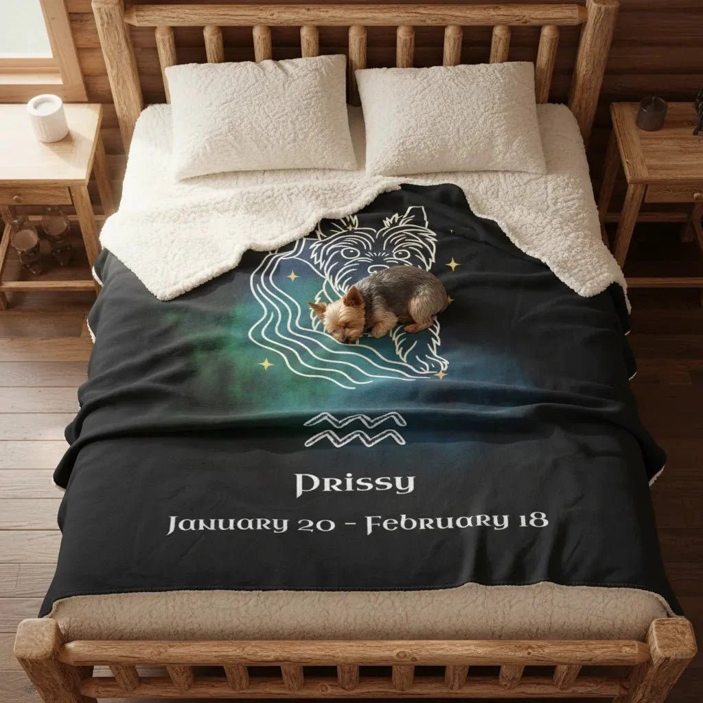 Aquarius modern sketch of a Yorkshire Terrier on a fleece sherpa blanket with a yorkie asleep on top.