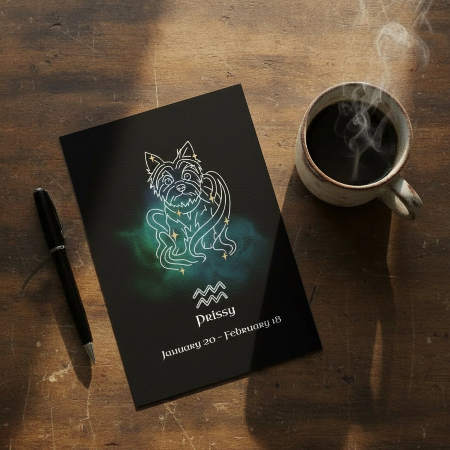 A franeless print of a Zodiac art representation of a dog from a photo with name and zodiac sign, laying on a desk. - Doggo Mojo