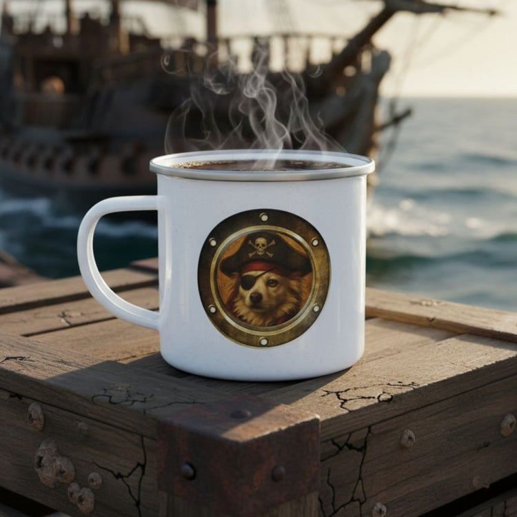 Personalized enamel camp mug personalized with a photo of your dog and rendered as a pirate. - Doggo Mojo