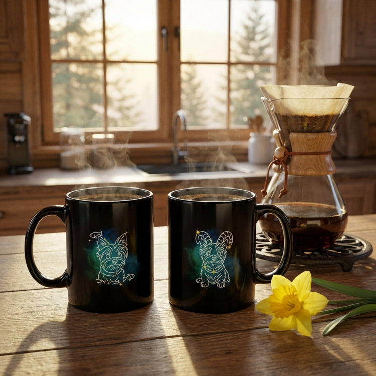 Pisces and Aries personalized Zodiac black ceramic mugs. Doggo Mojo.