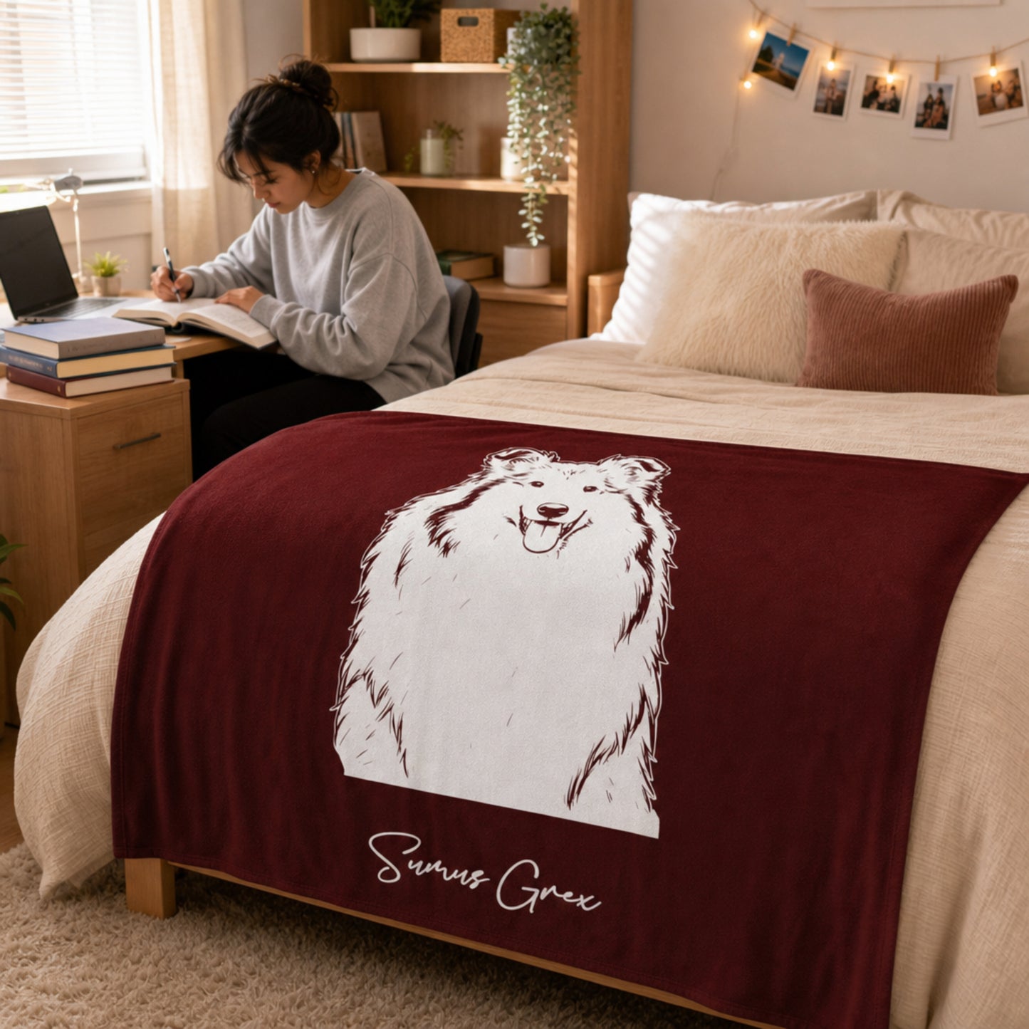 Personalized College Station Dog Velveteen Blanket | Modern Sketch Photo Upload
