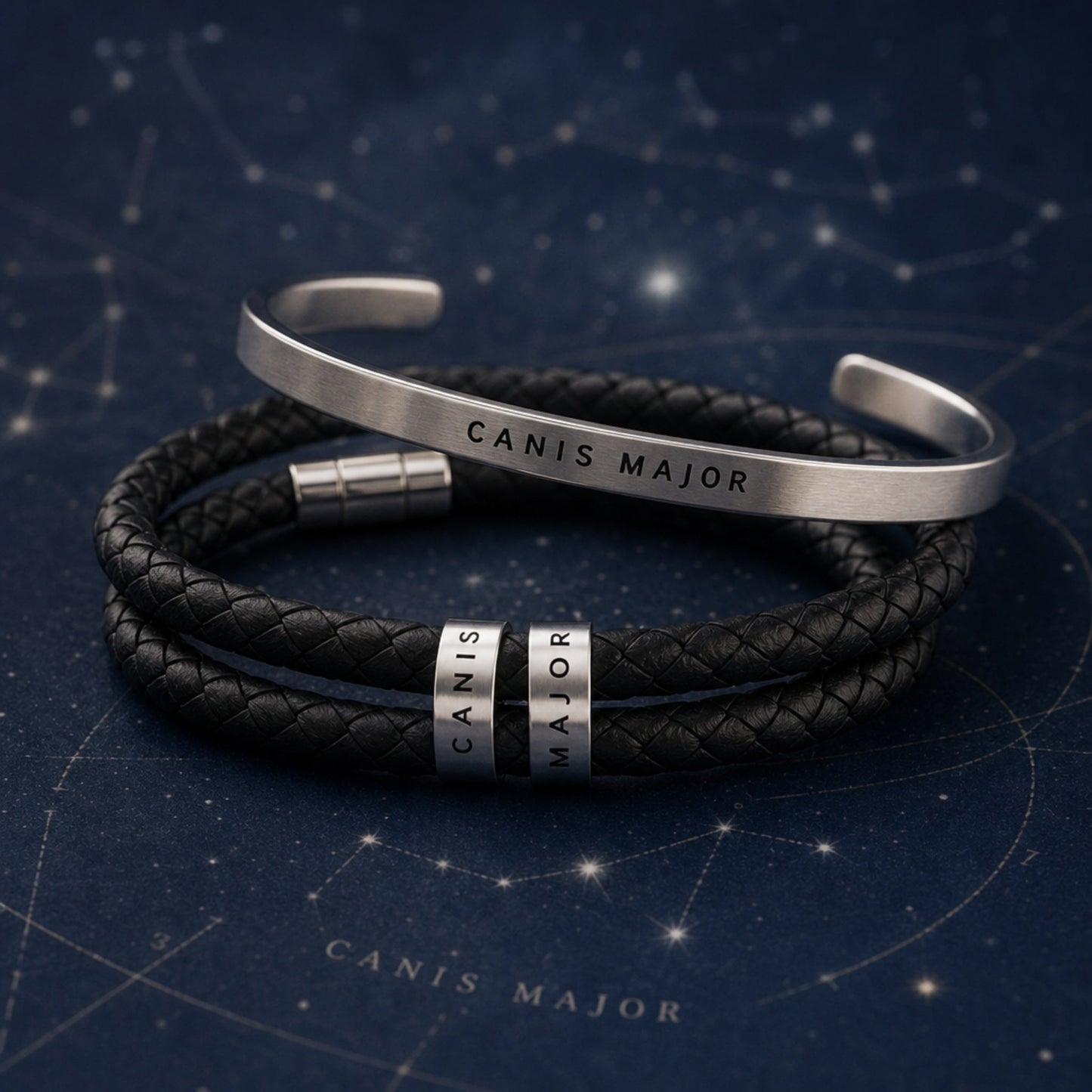 "Canis Major" Men's Leather Beaded Bracelet and Women's Siler Cuff- Black_Doggo Mojo