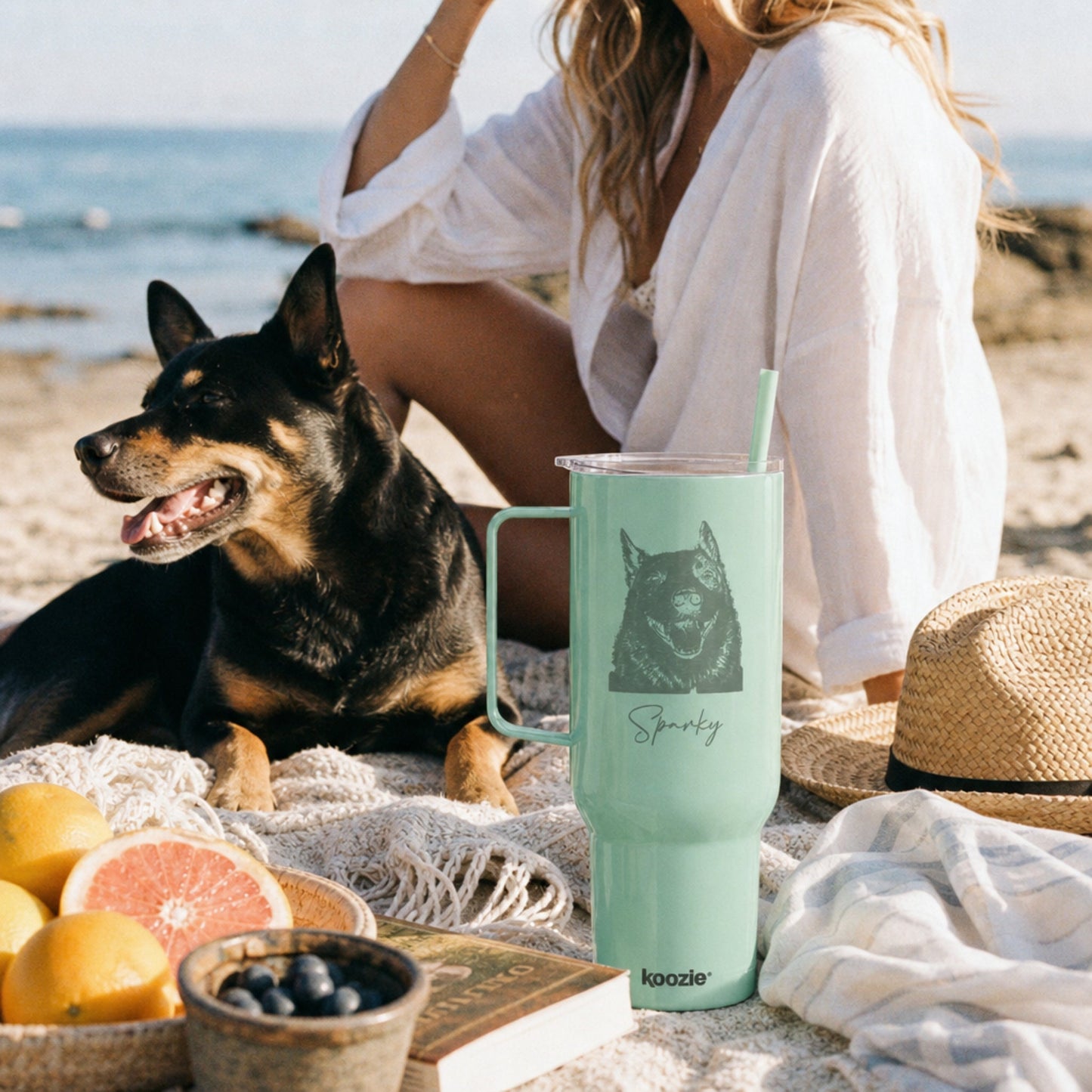 Custom Pet Sketch 40oz Recycled Travel Tumbler - Mint Frost_Doggo Mojo_Travel Tumbler_1