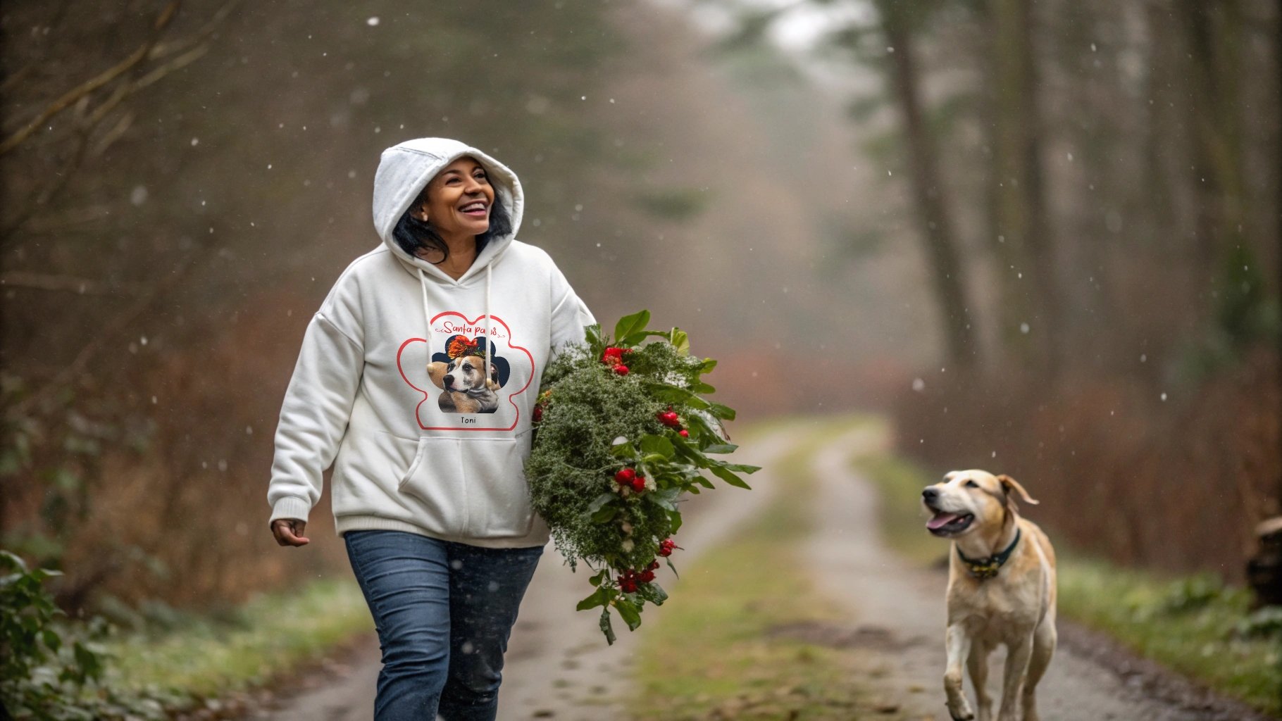 Woman wearing white hoodie, walking outdoors, carrying holly and greenery, dog beside her.