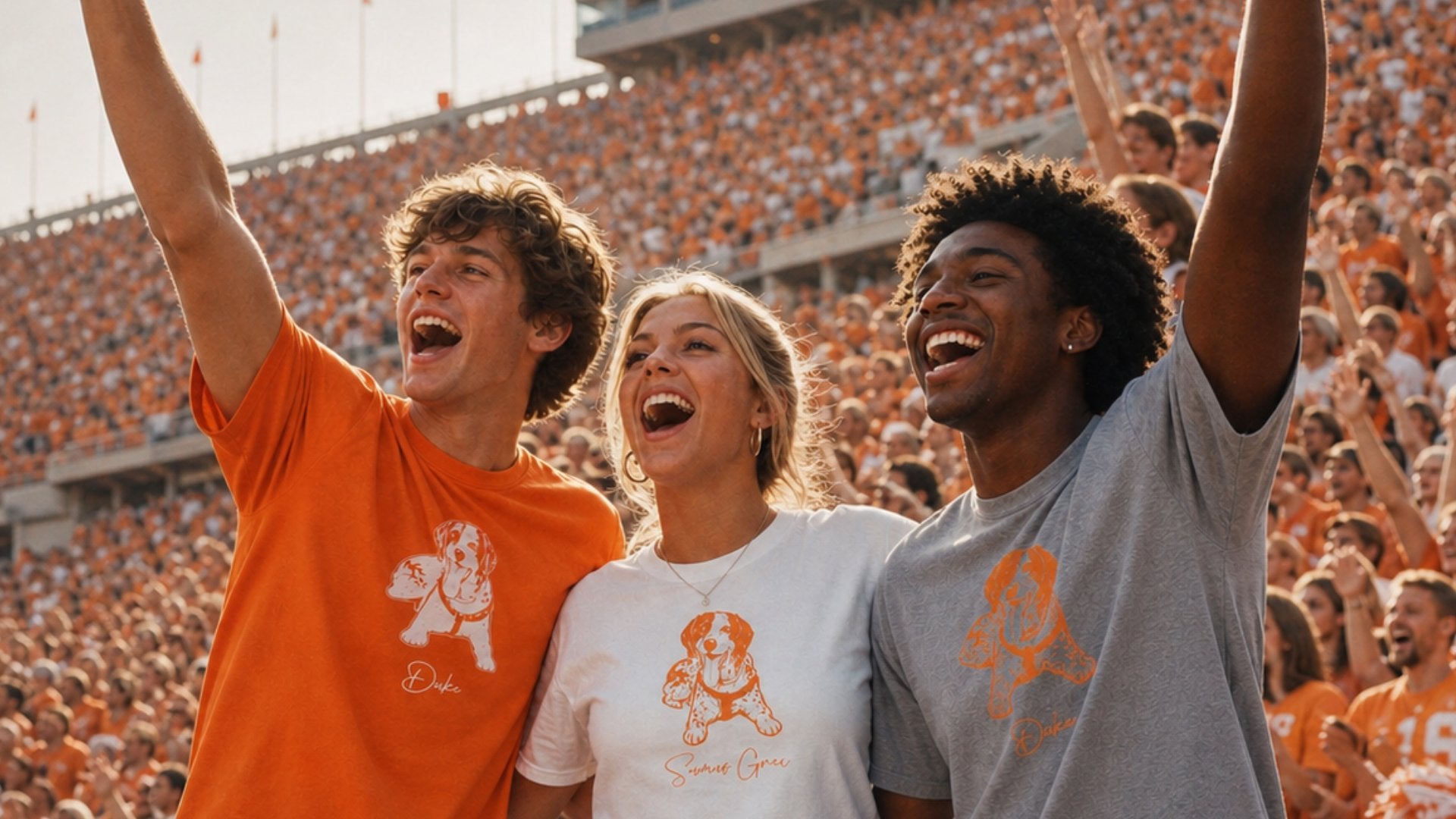 Three young fans cheering in a large stadium, each wearing a graphic T-shirt. The person on the left wears an orange shirt, the person in the center wears a white shirt, and the person on the right wears a gray shirt.