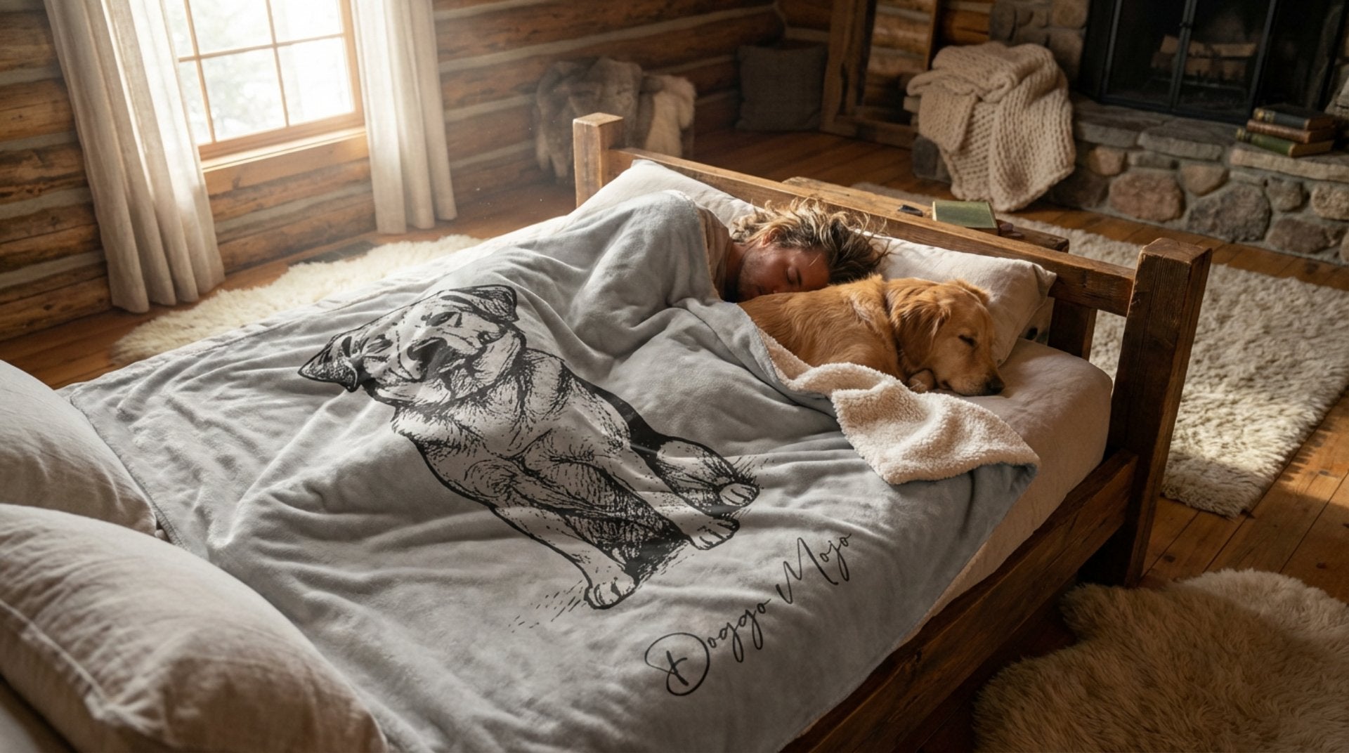 A cozy cabin scene of a dog and owner napping by a stone fireplace, tucked under the Modern Sketch Sherpa blanket in Oatmeal featuring minimalist line art.