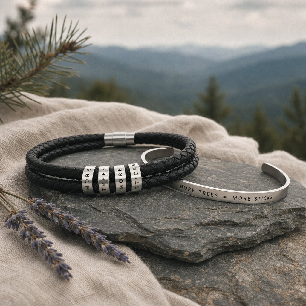 "More Trees More Sticks" Men's Leather Beaded Bracelet  and Women's Silver Cuff- Black_Doggo