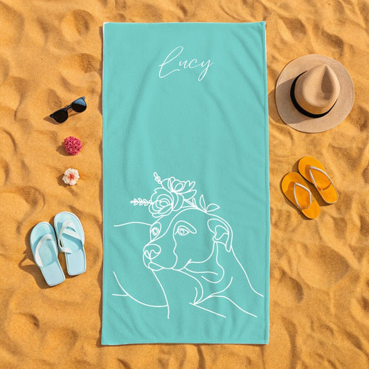 Personalized Beach Towel: Minimal Line Art with Your Dog's Photo & Name_Doggo Mojo_Beach Towel_1