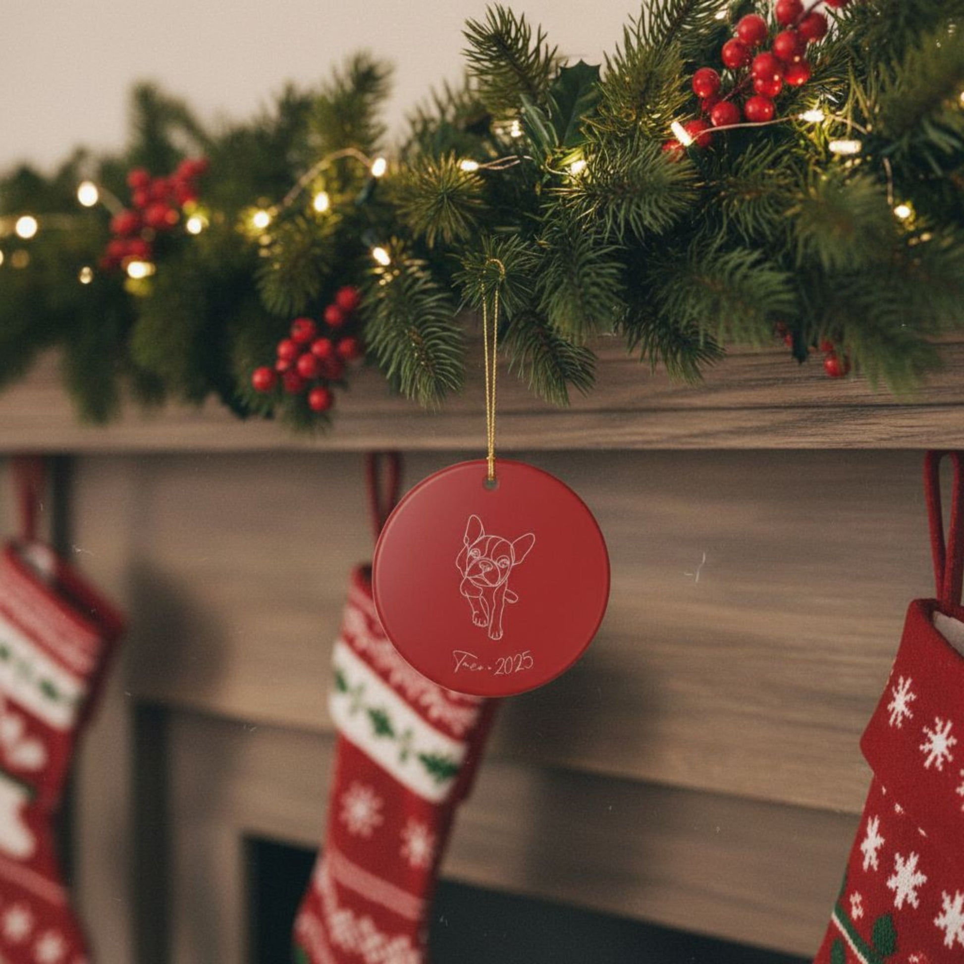 Personalized Ceramic Ornament | Minimal Line Art Dog Portrait | White, Red, or Green_Doggo Mojo_Holiday Ornaments_2