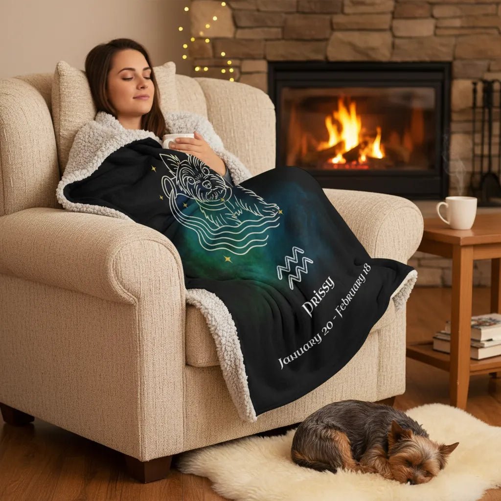 Personalized Dog Blanket | Aquarius Zodiac Design with Your Dog's Photo & Name (Sherpa Fleece)_Doggo Mojo_Blankets_3