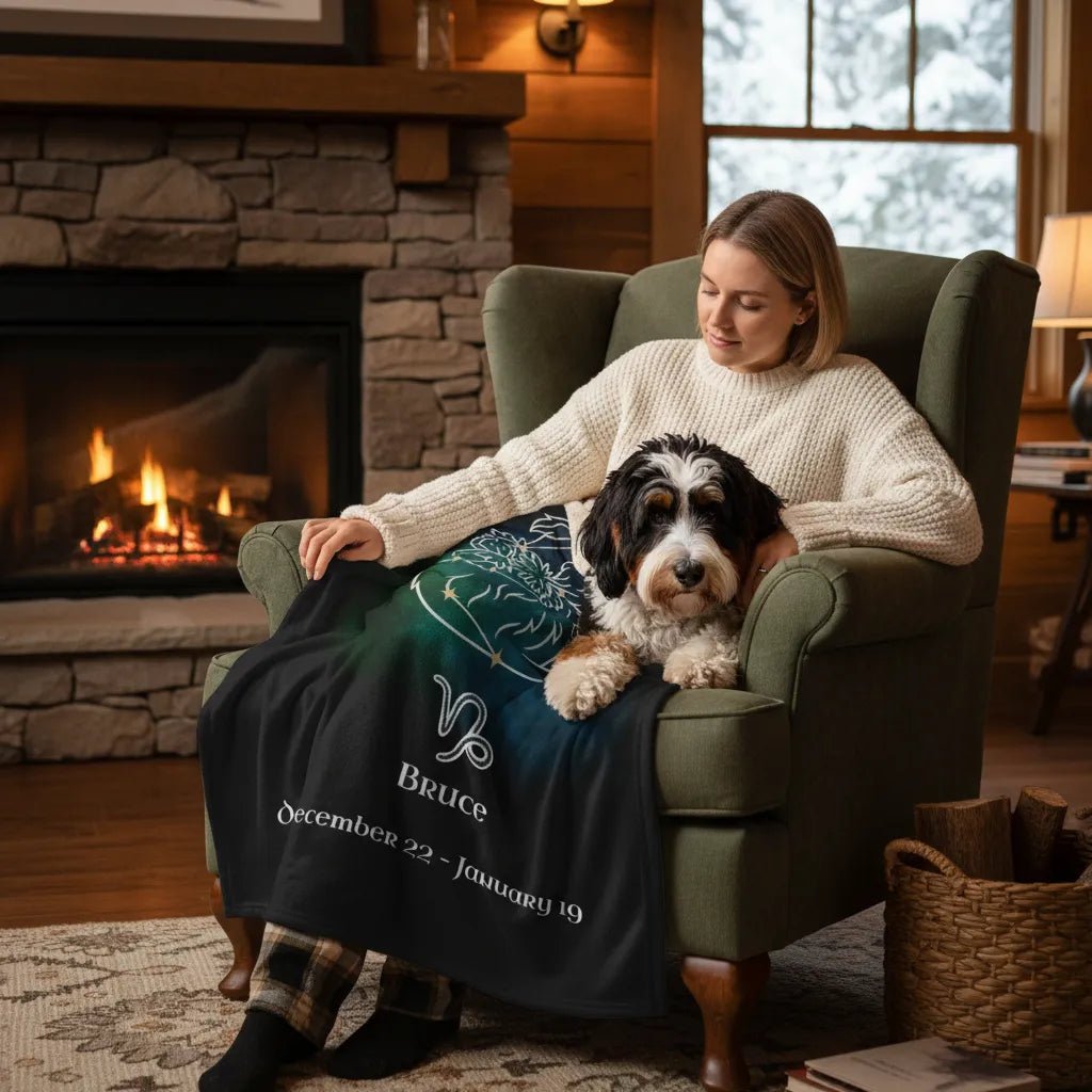 Personalized Dog Blanket | Capricorn Zodiac Design with Your Dog's Photo & Name_Doggo Mojo_Blankets_2