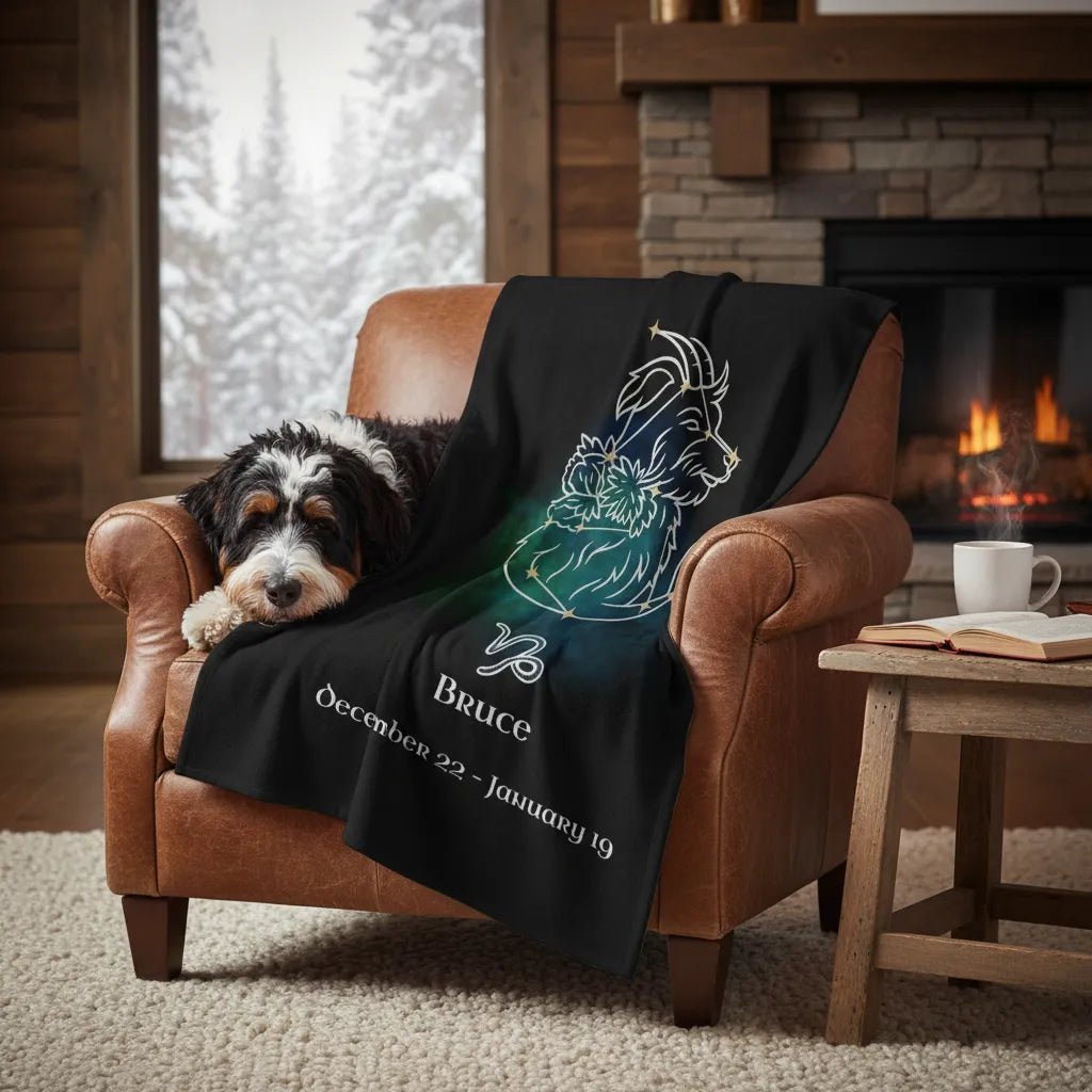 Personalized Dog Blanket | Capricorn Zodiac Design with Your Dog's Photo & Name_Doggo Mojo_Blankets_1